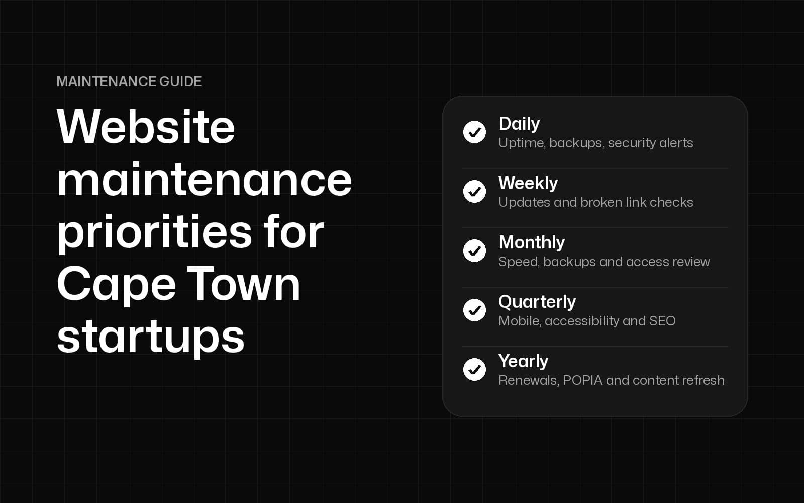 Website maintenance checklist covering daily, weekly, monthly, quarterly and yearly tasks