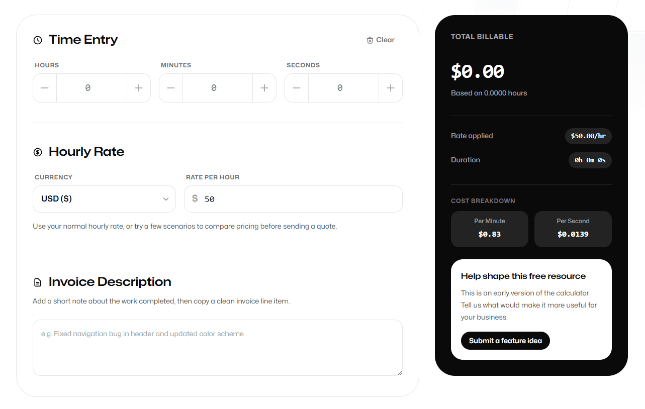 The Faseelus Billable Toolkit calculator interface